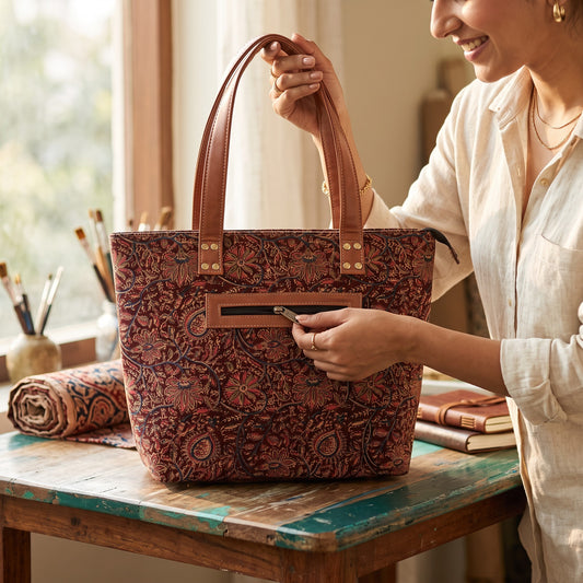 Maroon Pink  Kalamkari Tote Bag