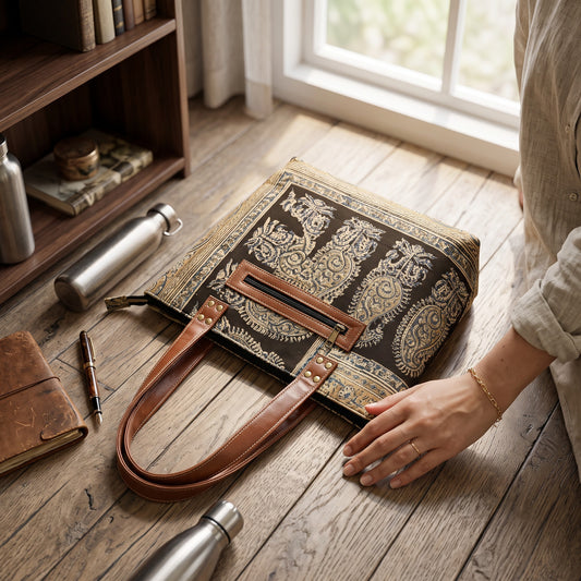 Black Ocra Kalamkari Tote Bag