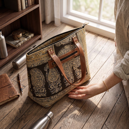 Black Ocra Kalamkari Tote Bag