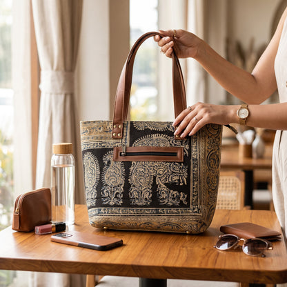 Black Ocra Kalamkari Tote Bag