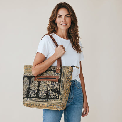 Black Ocra Kalamkari Tote Bag