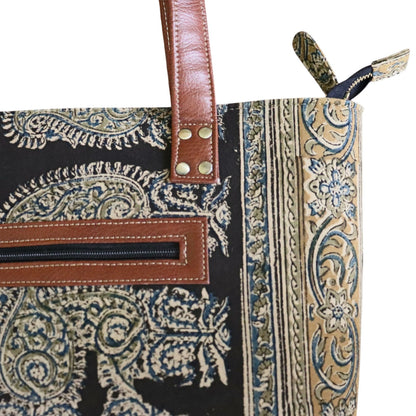 Black Ocra Kalamkari Tote Bag