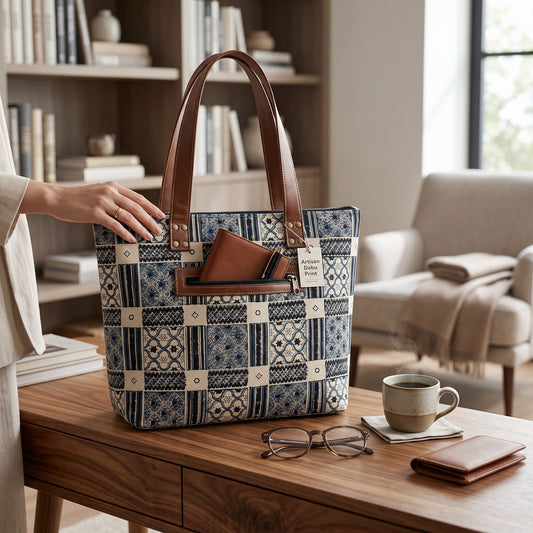 Black Blue Kalamkari Tote Bag
