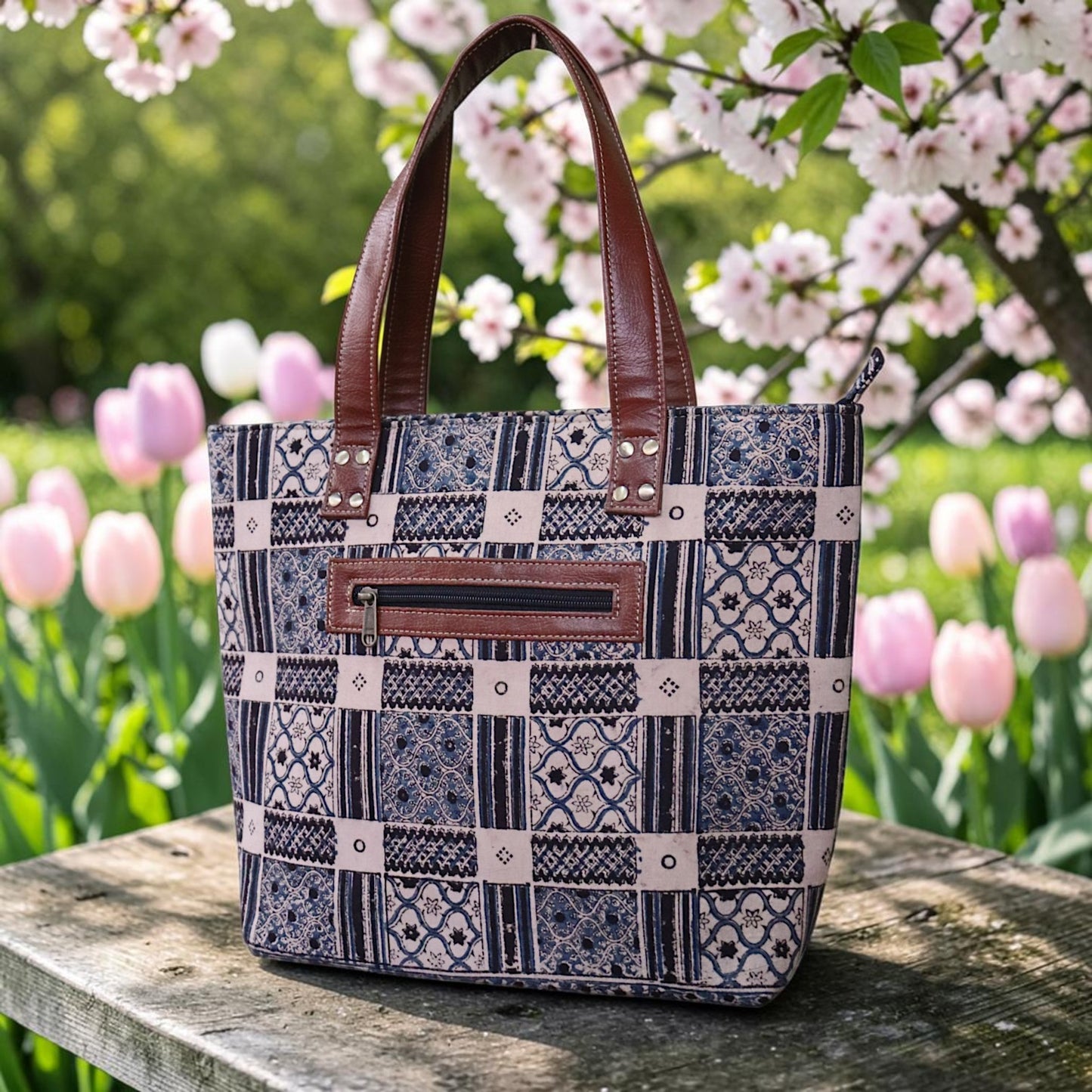 Black Blue Kalamkari Tote Bag