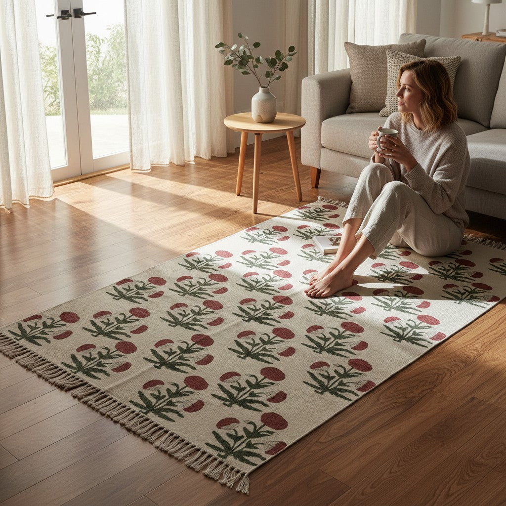 Mari-Gold block Printed Cotton Dhurrie