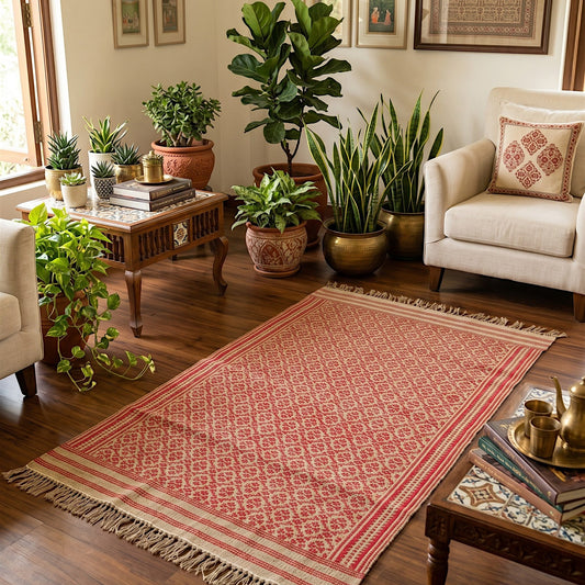 Jute & Cotton Red Handwoven Dhurrie - 3X5 Feet