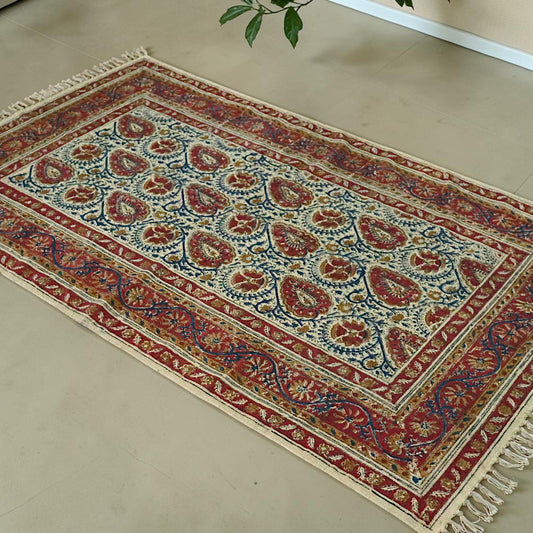 Neem Red Kalamkari Block Printed Cotton Dhurrie