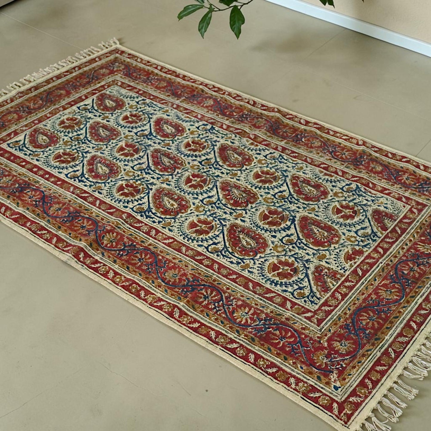 Neem Red Kalamkari Block Printed Cotton Dhurrie