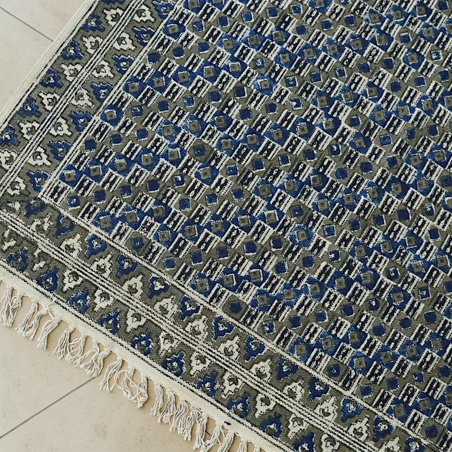 Kriti Blue & Green Kalamkari Handblock Printed Cotton Dhurrie