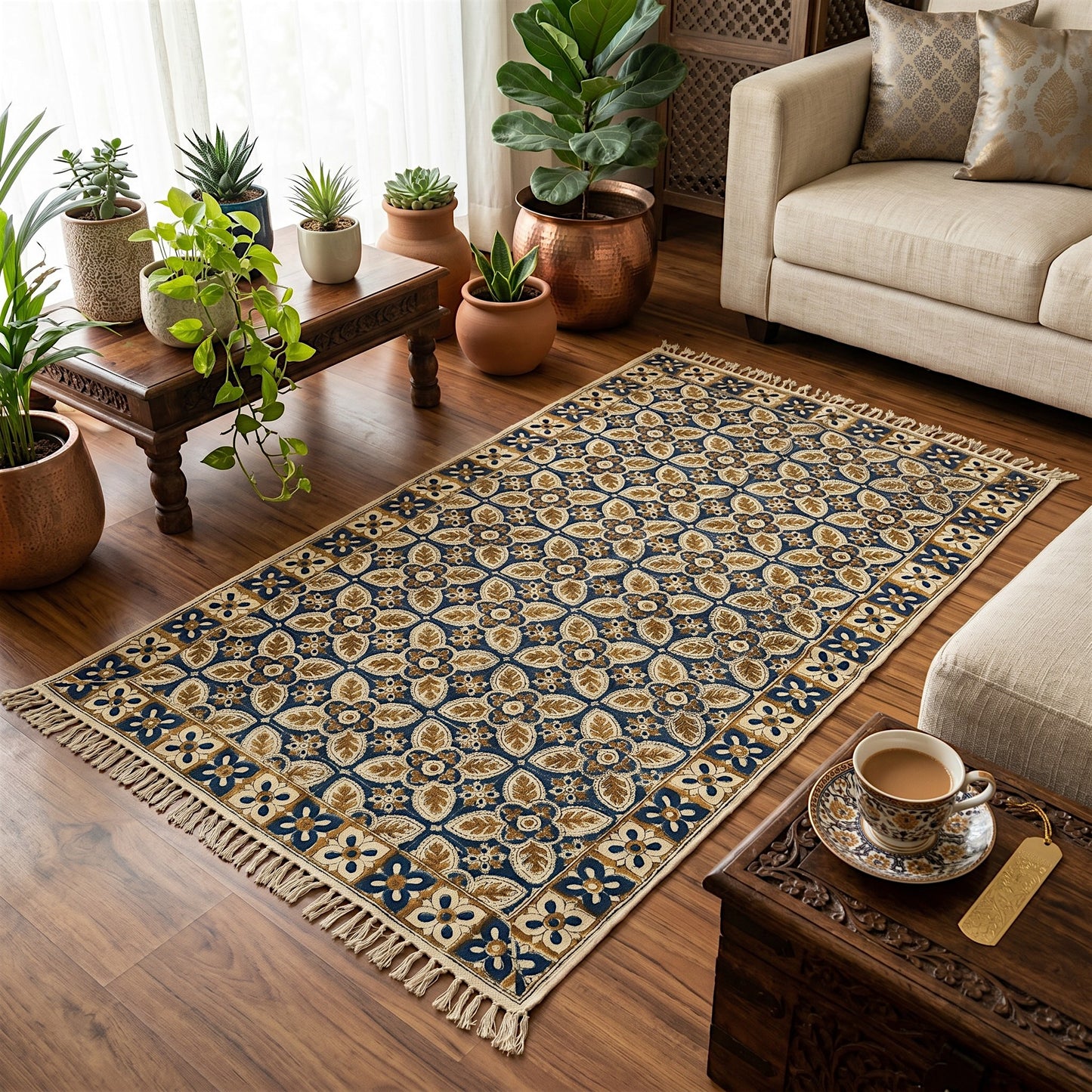 Fara Kalamkari Handblock printed Cotton Dhurrie