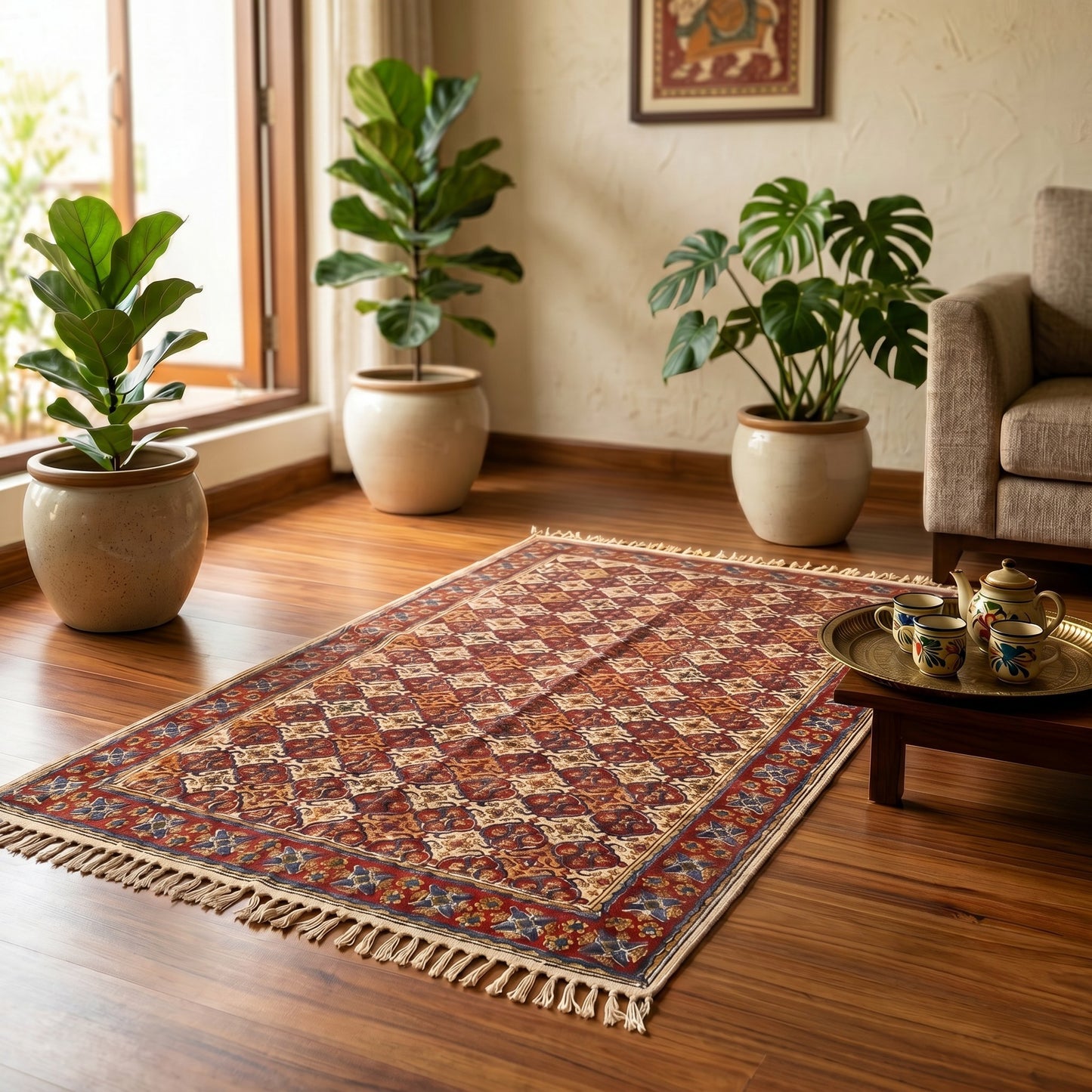 Sarita Red Kalamkari Handblock Printed Cotton Dhurrie