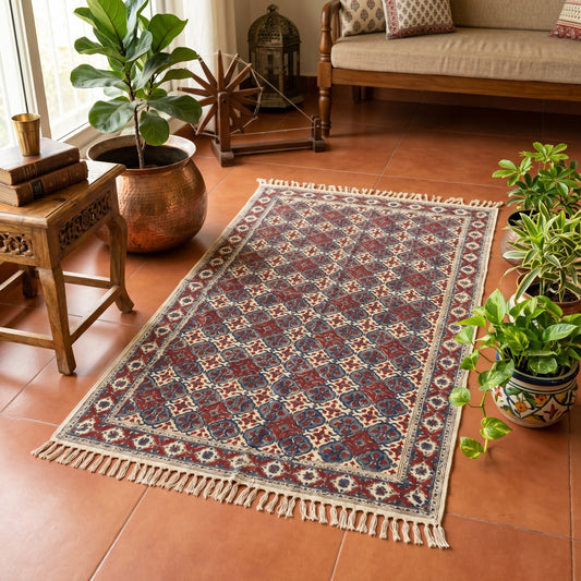 Chirag Grey  Red  Kalamkari Printed Cotton Dhurrie