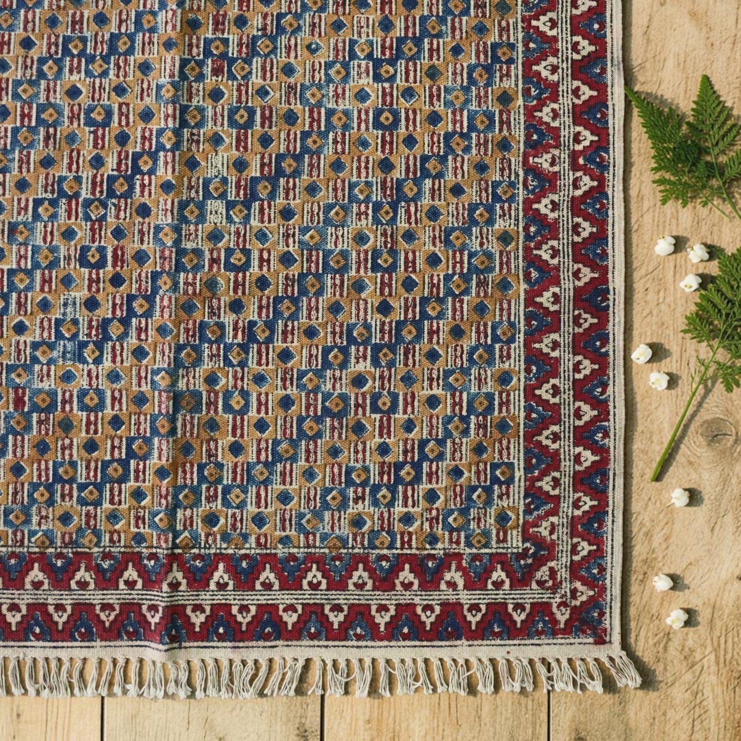 Kriti Ocra red Kalamkari Handblock Printed Cotton Dhurrie
