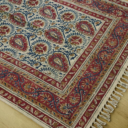 Neem Red Kalamkari Block Printed Cotton Dhurrie