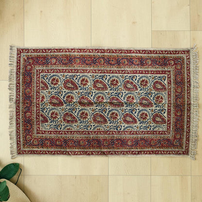 Neem Red Kalamkari Block Printed Cotton Dhurrie