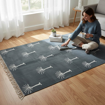 Block Printed Grey Cotton Dhurrie