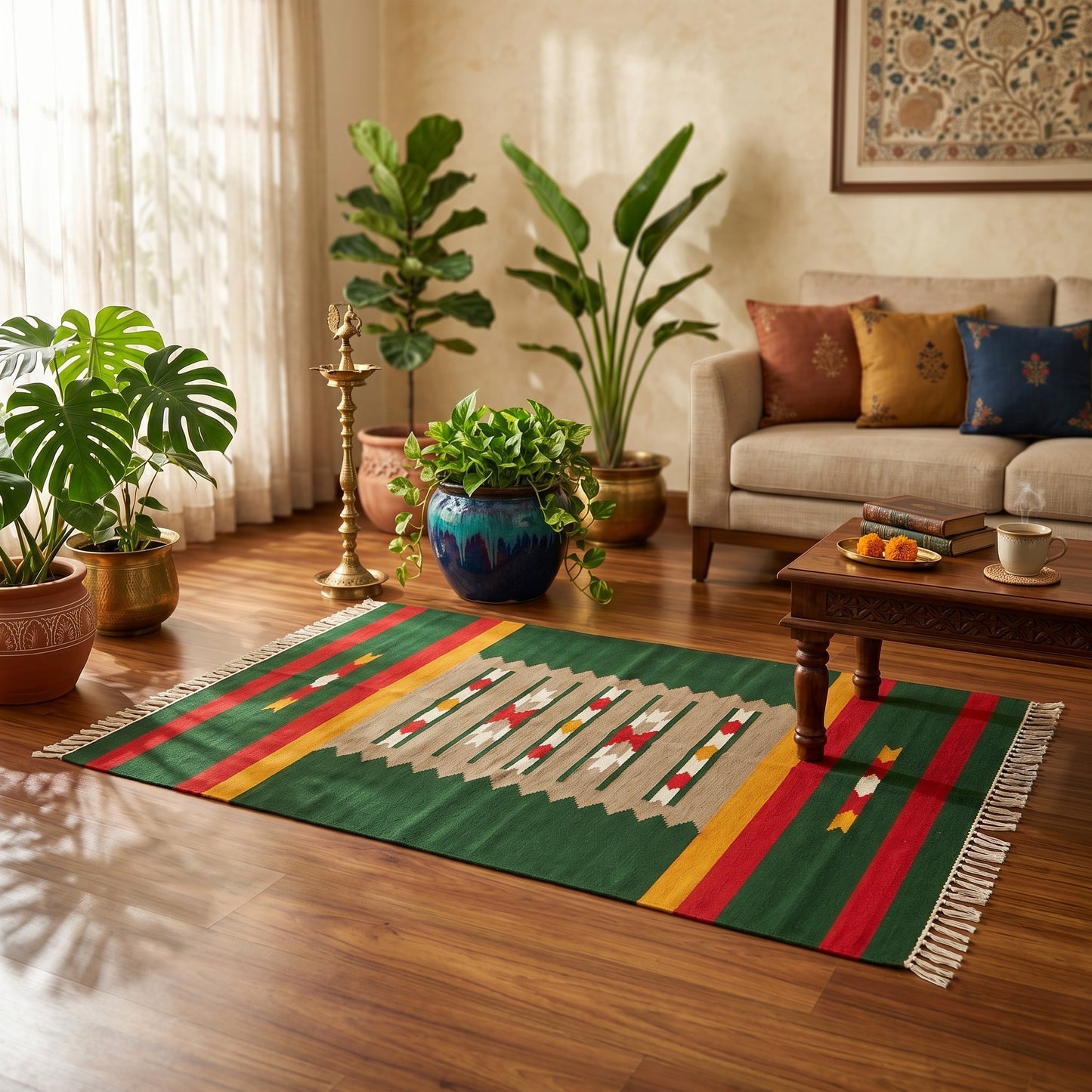 Vaja Green Woven Cotton Rug(Dhurrie)