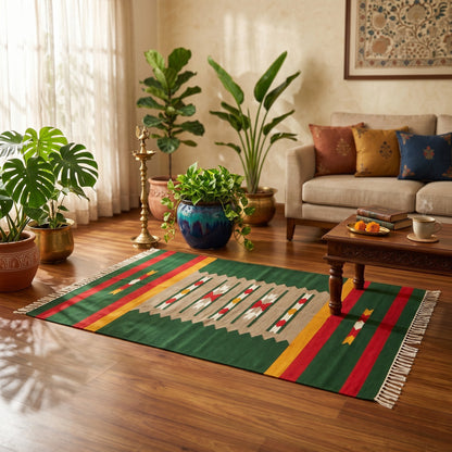 Vaja Green Woven Cotton Rug(Dhurrie)