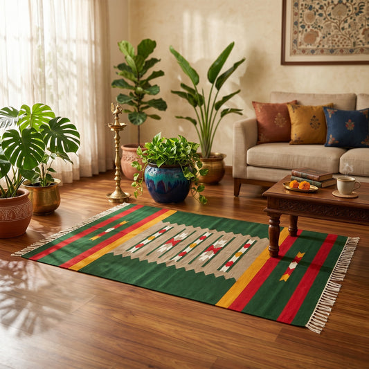 Vaja Green Woven Cotton Rug(Dhurrie)