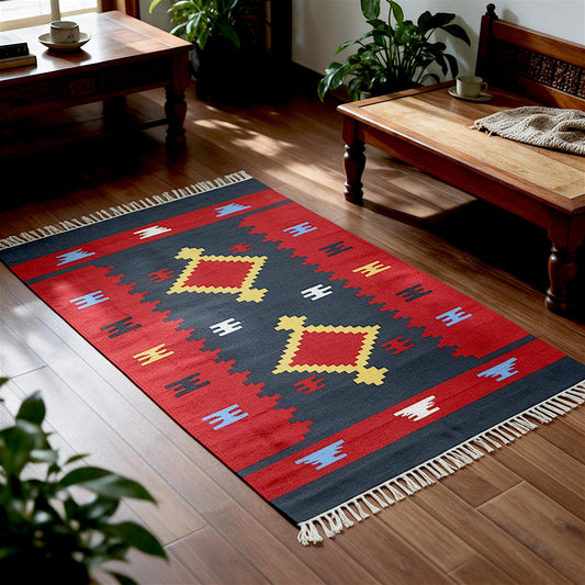 Grey red Woven Cotton Dhurrie