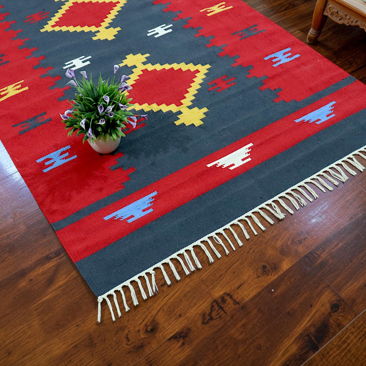 Grey red Woven Cotton Dhurrie